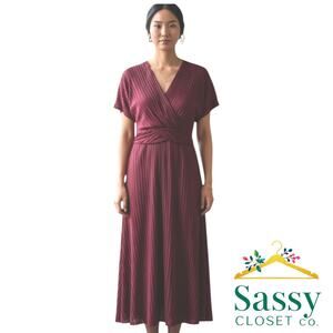 Anne Klein Red V Neck Empire Waist Maxi Dress Lined Short Sleeve Side Slit Sz M